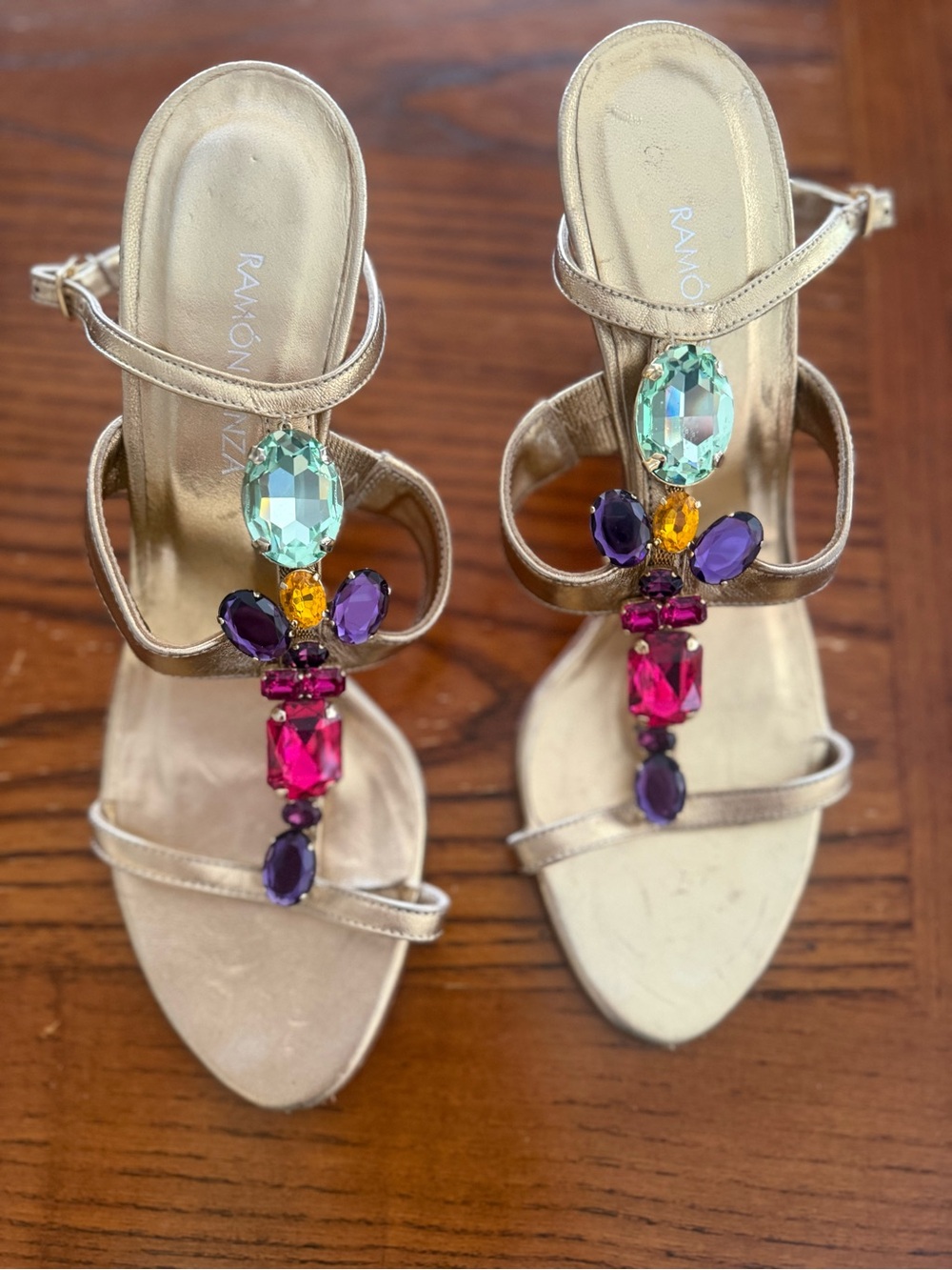 Ramon Tenza Gold Jeweled T-Strap Heels with Teal, Purple, Pink and Amber Gems